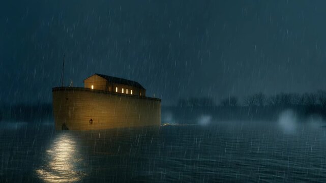 Noah's ship sailing on water during rain at night