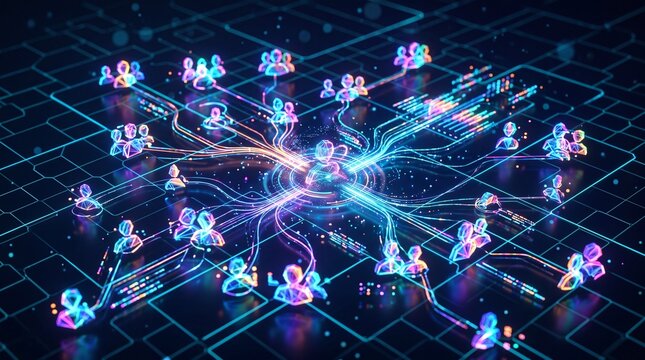 A vibrant digital network connecting multiple users and data streams.