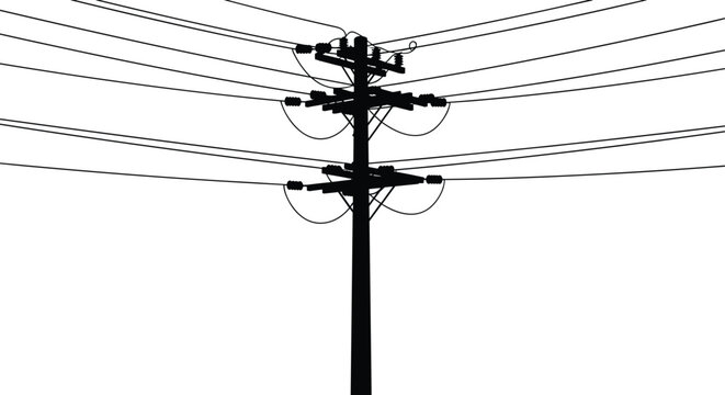 Silhouette of utility pole with crossarms insulators electrical wires cables transmission infrastructure vector illustration power communication design concept