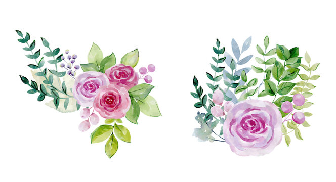 Vector watercolor bouquets of roses on the white background