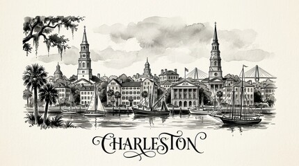 Fototapeta premium Charleston skyline silhouette featuring historic church steeples, waterfront harbor, and classic southern colonial architecture, beautiful expressive hand-lettered typography below reading 