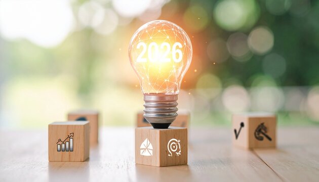 Glowing light bulb with &ldquo;2026&rdquo; illuminated, surrounded by icons and wooden blocks, symbolizing innovation, creativity, and future goals.