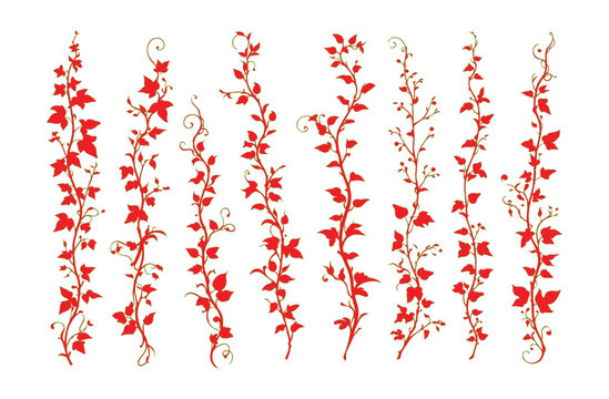 Red ivy vine silhouettes, climbing leaf border collection, 8 decorative floral plant vectors, botanical garden wall decals for wedding stationery
