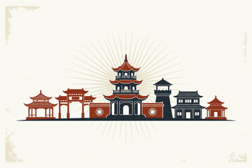 Chinese Pagoda and Oriental Architecture Skyline on Sunburst Background © tere