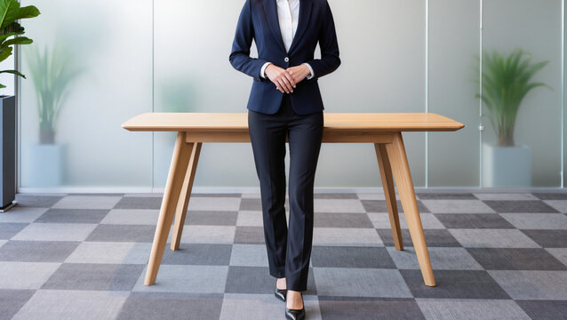 Professional woman leaning against wooden table.
​Minimalist office background with frosted glass.
​Corporate attire featuring navy blue blazer.
​Clean modern interior with checkered carpet.