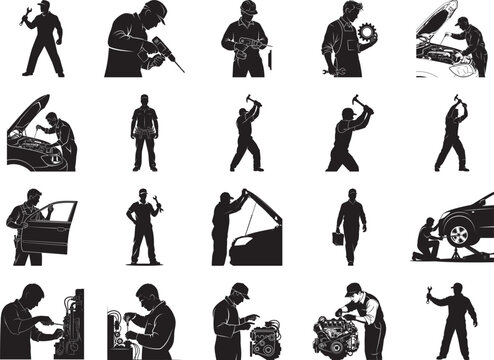 Collection of mechanic silhouettes performing various automotive repair tasks
