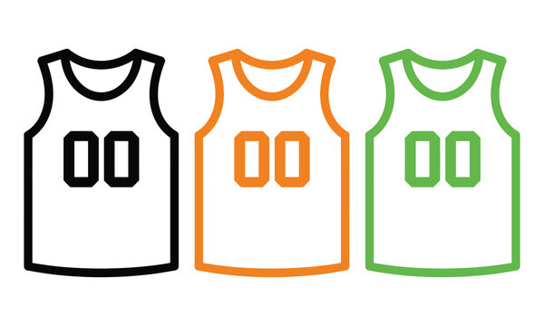 Three basketball vests with numbers in black, orange, and green outline