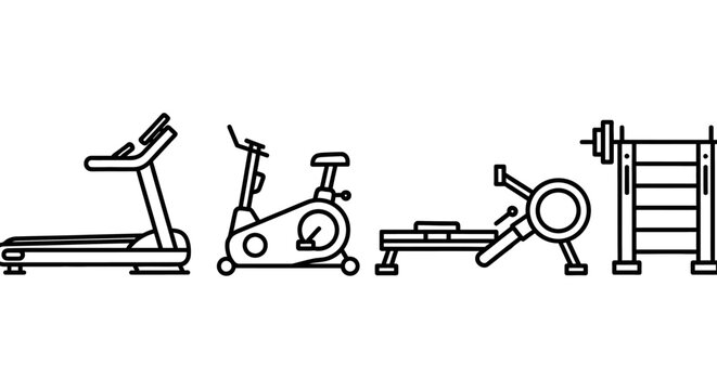 Gym equipment vector illustration treadmill stationary bike rowing machine weight rack
