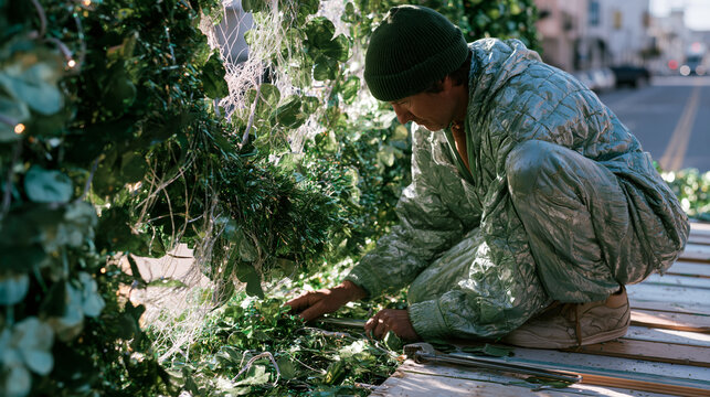 St Patricks Day parade float detail, papier-mache shamrocks and tinsel wiring crowding the frame, a volunteer crouched beside the platform tightening a wing nut with a wrench, the