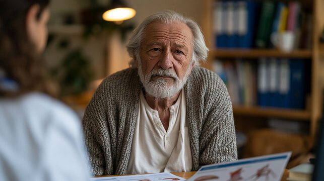 Elderly male patient sitting upright in hospital consultation room reviewing illustrated xenotransplantation consent materials with transplant coordinator, anatomical diagrams