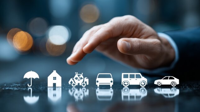 Hand reaches out over symbols representing different types of insurance options on a dark surface with city lights in the background
