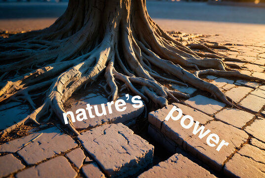 Subject: A banyan tree's roots. Action: The roots are spreading and anchoring the tree. Setting: A dry riverbed with brick pavement.