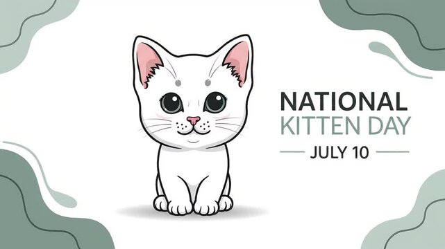 National kitten day celebration with a cute white cartoon kitten on a wavy background
