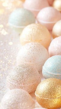 Colorful bath bombs are lined up in a neat row on a light surface. Different colors and designs are shown clearly. This display is fun and inviting