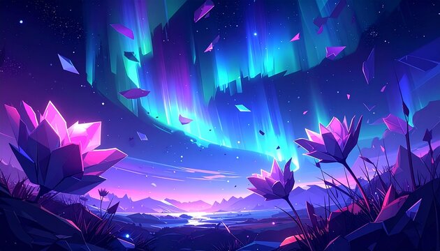 Vibrant aurora borealis over surreal geometric flower landscape at night