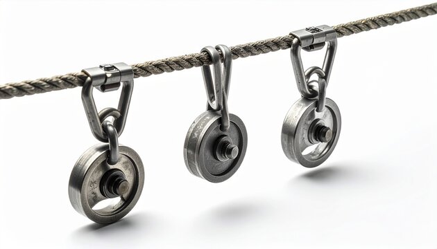 Three polished metal pulleys aligned on taut steel cable, symbolizing mechanical force redirection, friction reduction, and industrial engineering design.