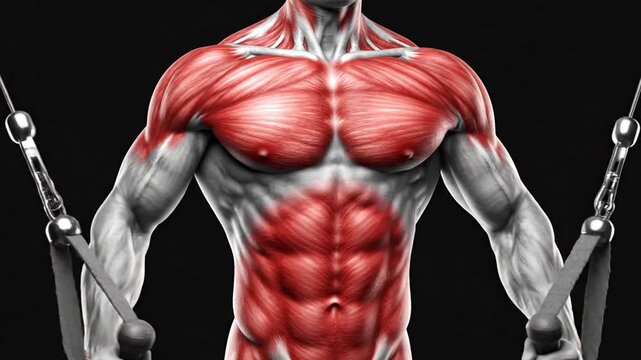 Muscular male torso with highlighted chest and abdominal muscles during cable crossover exercise on black background