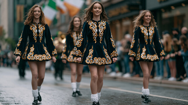 Irish step dancers in traditional embroidered costumes mid-performance on a rain-slicked street, parade spectators pressing forward on the curb, a brass band visible further back,