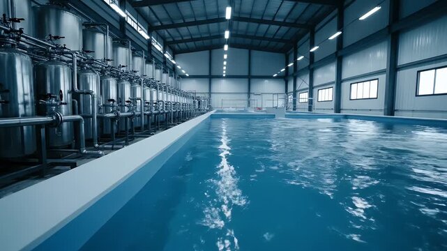 Industrial water treatment plant with large filtration tanks and blue water pools...