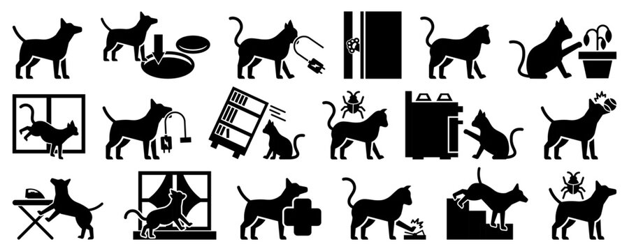 Pet danger and domestic animal accident icon collection in black. Set of cat, dog, poison, electricity, insects and household hazard icons