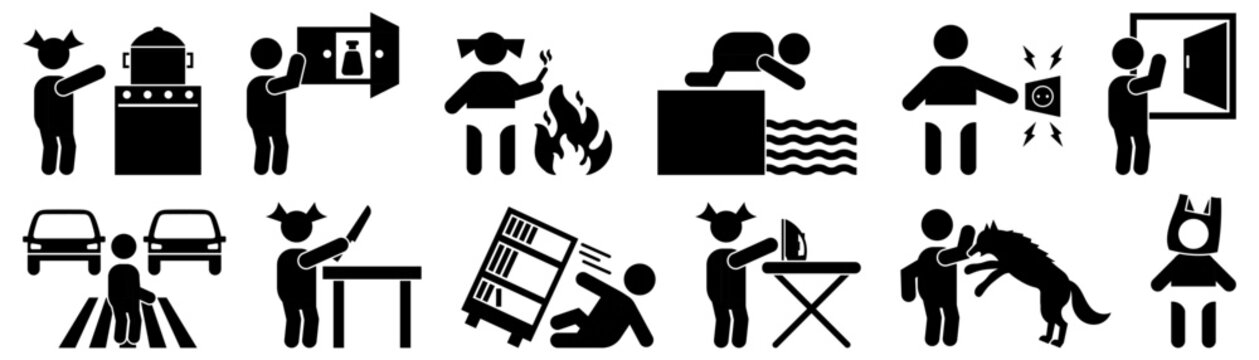 Domestic risk and household accident icon collection in black. Set of kitchen, drowning, electric shock, fire, animal attack and sharp object icons