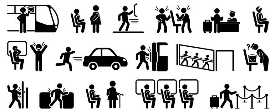Public transport and passenger behavior icon collection in black. Set of subway, airport, waiting line, seat priority and boarding icons