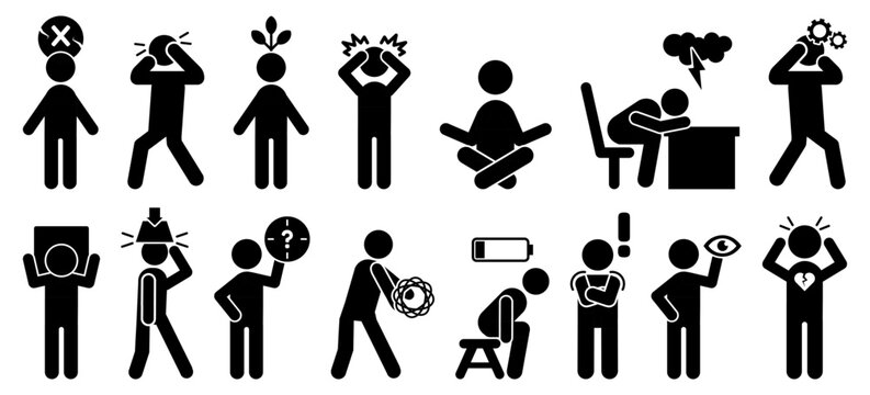 Anxiety and emotional stress icon collection in black. Set of confusion, panic, overthinking, exhaustion and mental health icons