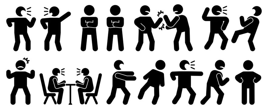 Aggressive behavior and conflict communication icon collection in black. Set of shouting, arguing, confrontation, anger, stress and hostile interaction icons