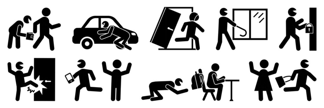 Burglary and property crime icon collection in black. Set of robbery, theft, intrusion, break in, stealing and criminal activity icons