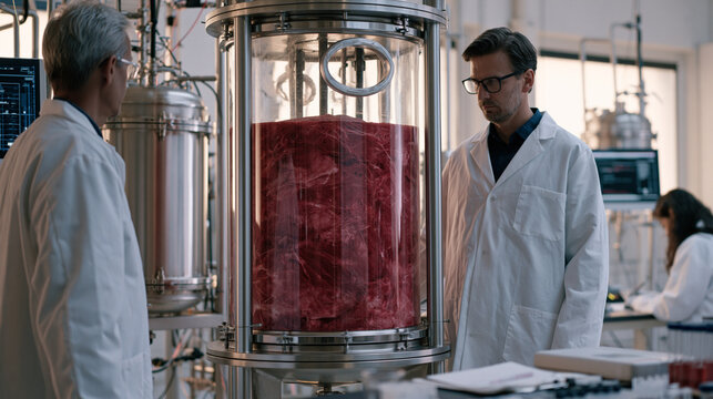 Pig organ bioengineering laboratory showing decellularization reactor vessel with scaffold matrix visible through observation port, recellularization perfusion equipment,
