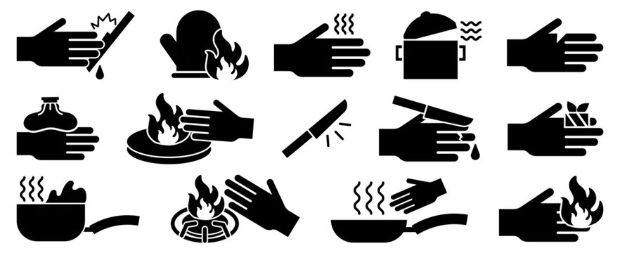 Burn injury and heat hazard icon collection in black. Set of hot surface, boiling liquid, fire, knife cut and kitchen burn icons