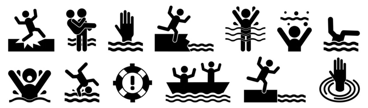 Water rescue and drowning emergency icon collection in black. Set of slipping, rescue boat, drowning, floating hand and swimming accident icons