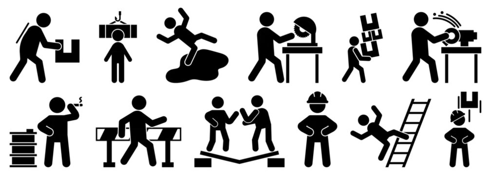 Workplace hazard and industrial accident icon collection in black. Set of machinery, slipping, lifting, smoking, ladder and factory safety icons