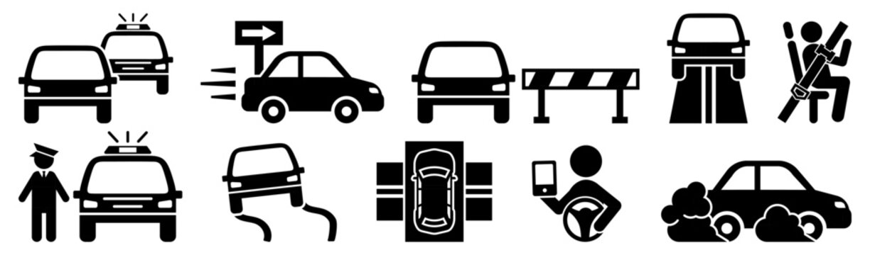 Road safety and traffic control icon collection in black. Set of police, barrier, parking, drifting, seatbelt and driving safety icons