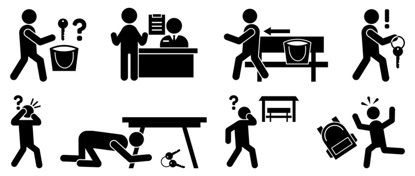 Lost property and missing item icon collection in black. Set of forgotten, searching, confusion, lost keys, missing bag and recovery situation icons
