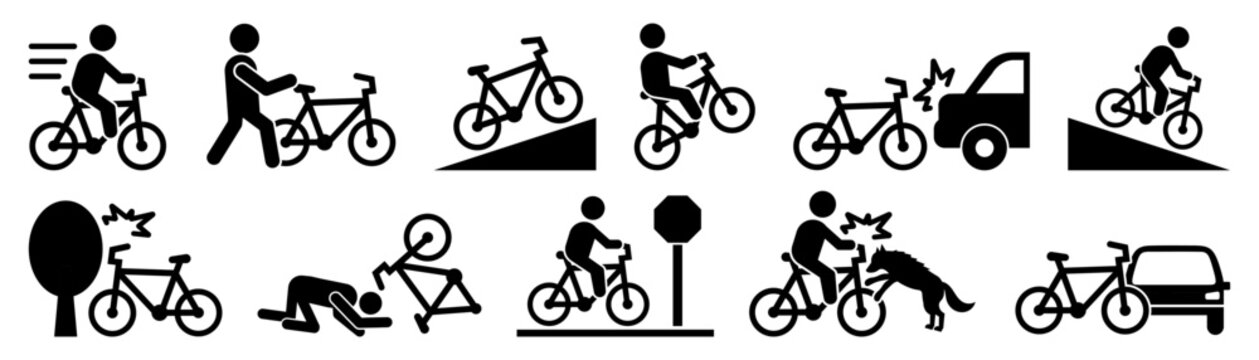 Bicycle accident and cycling safety icon collection in black. Set of collision, falling, obstacle, dog attack and traffic incident icons