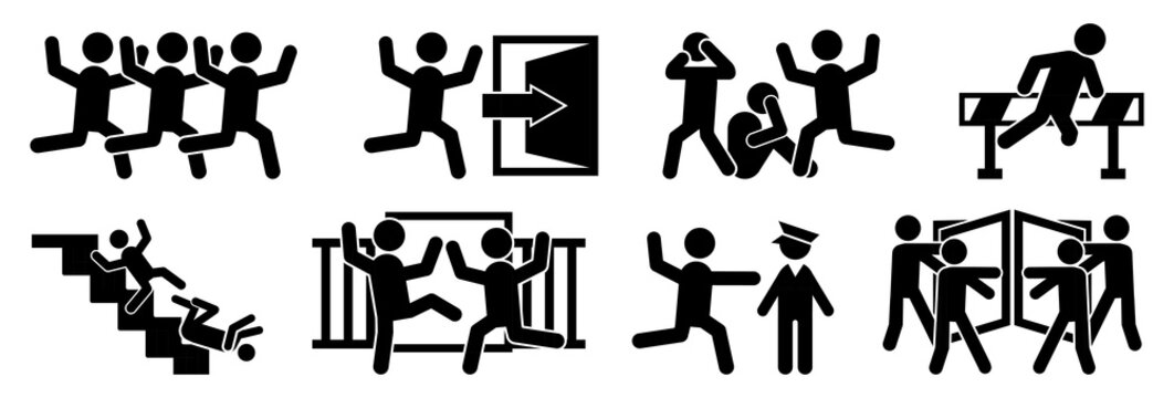 Crowd panic and emergency evacuation icon collection in black. Set of escape, riot, security control, falling and evacuation route icons