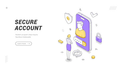 Naklejka na ściany i meble Isometric banner template for secure account access. Vector illustration of data protection technology. Concept for mobile app login, user profile safety, and personal information security