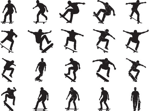 Skateboarder silhouettes performing tricks on white background