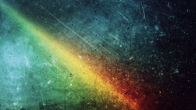 Textured abstract background with light‑blue‑to‑deep‑black vertical gradient, prominent green and yellow mid‑left tones, bright diagonal RGB spectrum light streak at upper right, scattered fine scratc