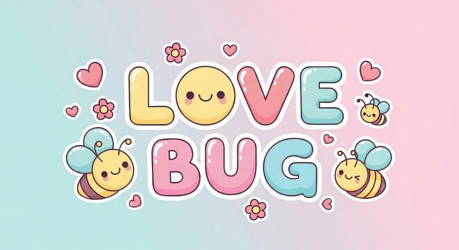 Love bug cute cartoon illustration with bees, hearts and flowers on pastel background.