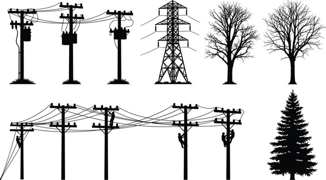 Utility poles silhouettes with workers climbing, electrical transmission towers, power lines infrastructure, trees background, industrial energy concept, outdoor environment illustration