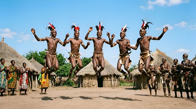 African dancers jumping joyfully by village huts