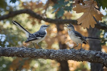 Fototapeta premium Two Birds Singing on a Tree Branch