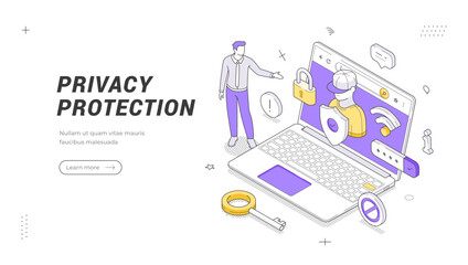 Plakat Isometric banner template for data privacy protection. Cyber security vector illustration. A concept for online safety, confidential information, and internet security service landing page