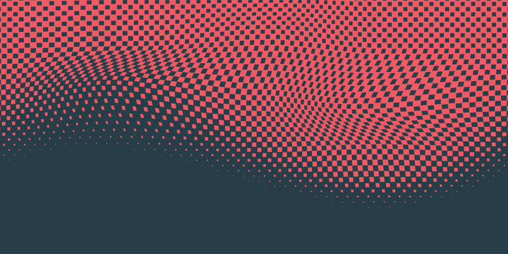 Vector Chequered Halftone Pattern Smooth Curved Border Red Blue Abstract Background.