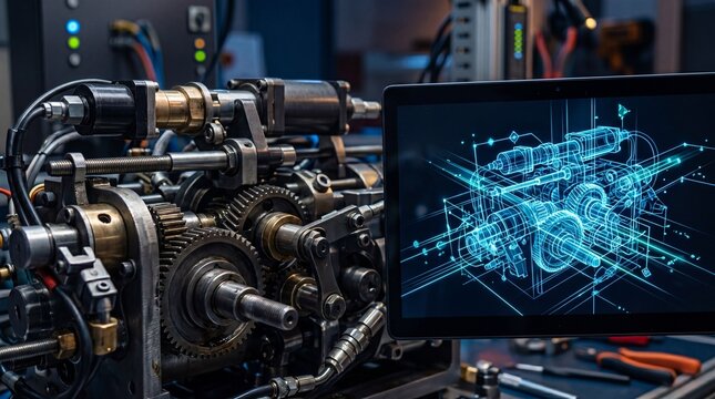 Advanced machinery displayed alongside a digital schematic on a computer screen.