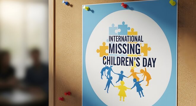 International Missing Children's Day awareness poster pinned on corkboard
