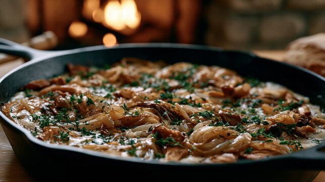 Single object detail of a cast-iron skillet filled with caramelized onions and wild mushrooms, herbs scattered across the surface, candlelit atmosphere suggesting a rustic
