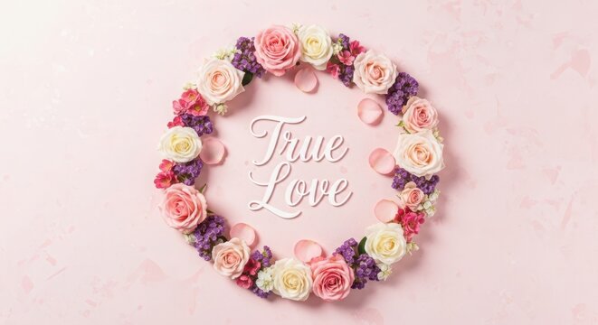 Beautiful circular wreath of colorful roses and flower petals with white cursive text on light pink background.